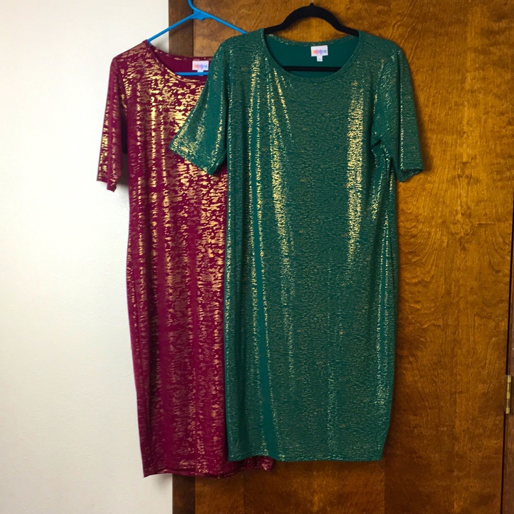 Matching Red and Green LulaRoe Elegant Julia Dresses bundle with Gold accents